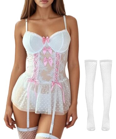 Комплект жіночої білизни FEOYA: мереживний боді, корсет, трусики, панчохи - білий, розмір M
