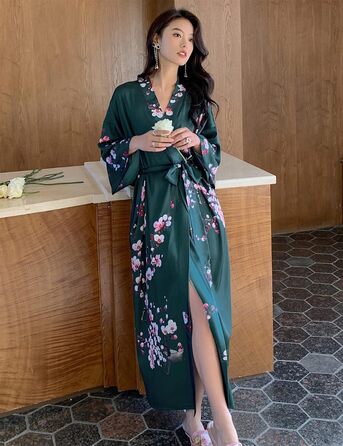 Жіночий халат з довгим рукавом з шовку та атласу з квітковим принтом (сливові квіти, темно-зелений)