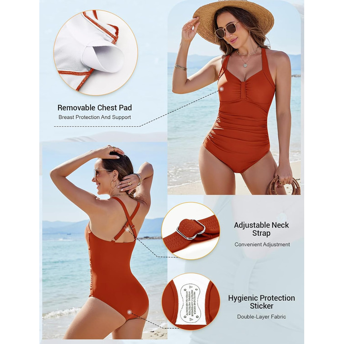 Купальник жіночий Nadeer з високою талією, Push Up, великі розміри, модель Shape, одноцільний, спортивний (Orange, XL)