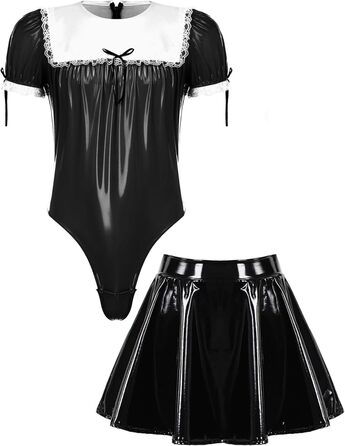 Костюм покоївки CHICTRY для чоловіків: чорний латексний боді з міні-спідницею та стоячим коміром, костюм для косплею