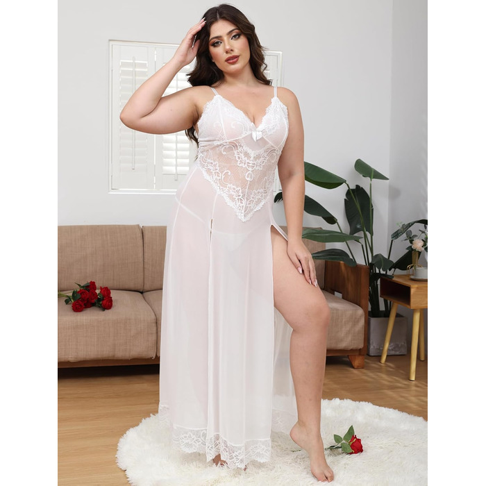 IBAKOM Ніжне мереживне нігліжє з V-подібним вирізом для жінок великих розмірів. Комплект спідньої білизни з G-стрінгом, піжама, сексуальна нічна сорочка, великий розмір (4XL, білий)
