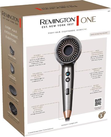 Фен для волосся Remington ONE D6077 з іонізацією та 4 насадками (дифузори, концентратори), 8 режимів роботи, швидка сушка