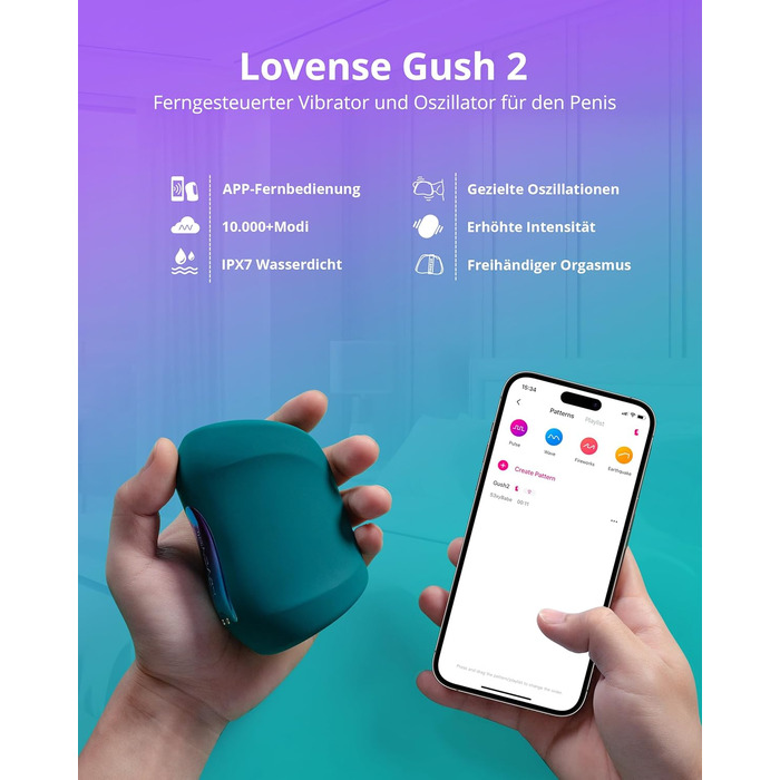 LOVENSE Gush 2 - Автоматичний чоловічий вібратор з пульсацією, керування через додаток, регульовані ремінці, для тренування витривалості