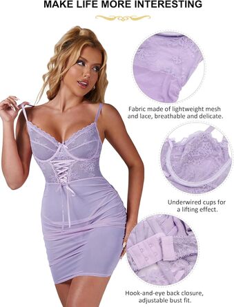 Сексуальна нічна сорочка-бадідол для жінок curvy, мереживна, прозора, міні-сукня Push Up, великі розміри, без рукавів, спідниця-комбінезон з застібками, лілова, для вечірок та клубів