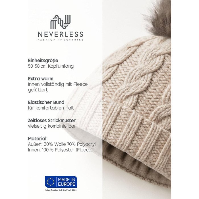 Жіноча зимова в'язана шапка Neverless з флісовою підкладкою та помпоном зі штучного хутра, модель Caren 2207, світло-бежева, один розмір
