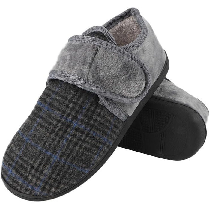 Чоловічі теплі домашні капці TIESTRA для літніх людей з Memory Foam, широка стопа, флісові тальпочки з липучкою (41 EU, сірі в смужку)