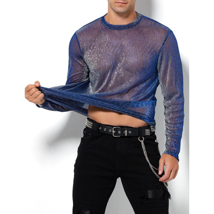 Прозора футболка-сітка Casey Herren з довгим рукавом, мереживна сорочка, мерехтливі сорочки, клубний стиль, A2-блакитний