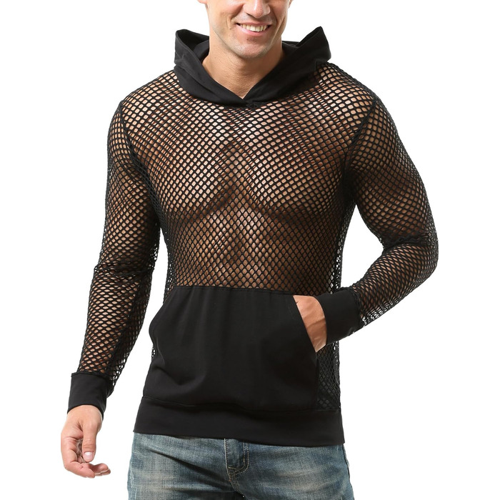 Чоловіча сітчаста сорочка AIEOE: дихаюча, з довгим рукавом, мереживна, сексуальна клубна сорочка, прозора сітчаста сорочка, чорна