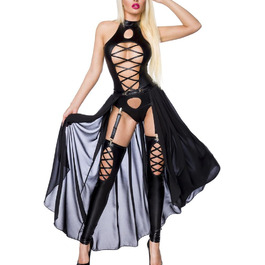 Чорний комплект спідньої білизни Unbekannt Straps з еластичних стрічок: боді, спідниця з шифону та гетри. Розмір XS