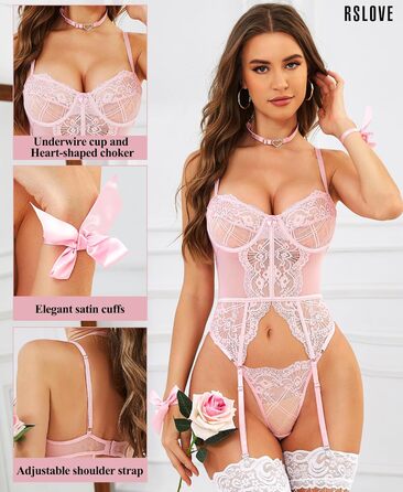 RSLOVE Комплект сексуальної білизни для жінок - мереживний комплект з 4 частин, бюстгальтер з кісточками та стрінги, рожевий