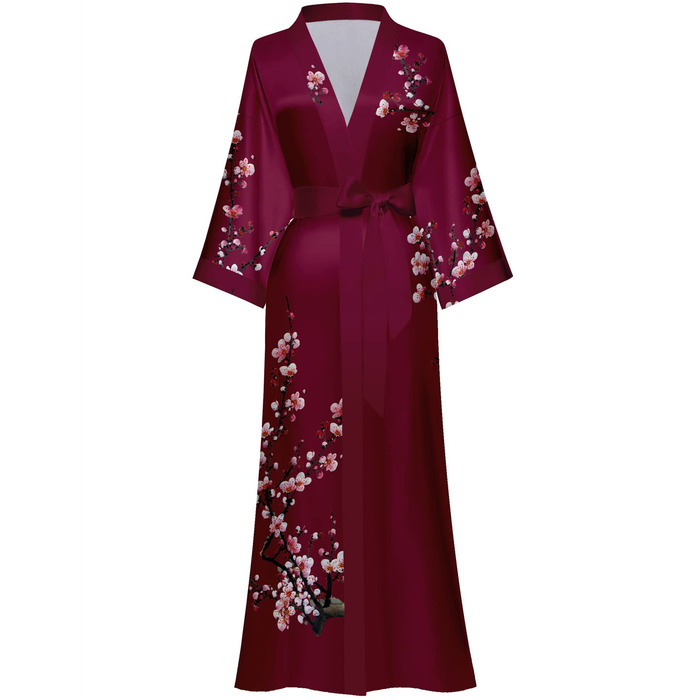 Жіночий халат з довгим рукавом з шовку, сатин, кімоно, квітковий принт, універсальний розмір (квіт павловнія, винний)