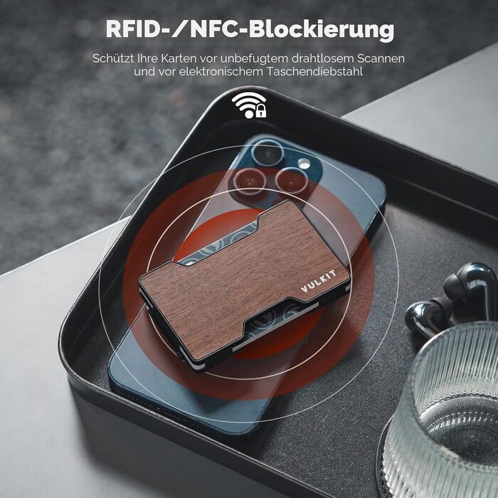Чоловічий картхолдер VULKIT зі сталевим затискачем для грошей, Slim Wallet з RFID-захистом, компактний гаманець з текстурою під дерево на 12–15 карток