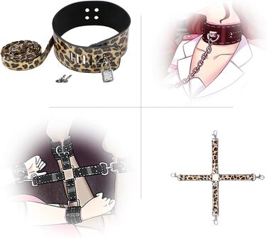 Набір для БДСМ з екошкіри Leopard Print (8 предметів): наручники, пітч, обручі, мотузка, ніпель-кліпси