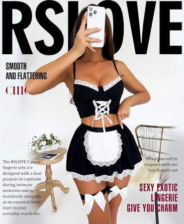 Костюм покоївки RSLOVE для косплею: сексуальна спідниця, сорочка та мереживний халат. Чорний колір.
