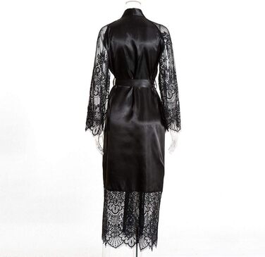 Кимоно жіноче YUHOOE, шовковий халат з мереживними рукавами, довгий халат з поясом, сатинова білизна, нічна сорочка для вечірки або свята, чорний, розмір M