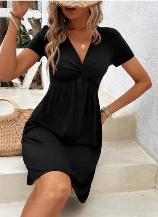 Елегантна жіноча сукня Soerkleid А-силуету з V-подібним вирізом, чорна сукня міді з високою талією та вузлом для пляжу та повсякденного носіння (XXL, чорний)