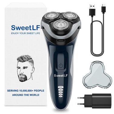 Електрична бритва для чоловіків SweetLF, роторна бритва 4D з LED-дисплеєм, вологостійка IPX7 для сухого та вологого гоління, темно-синя