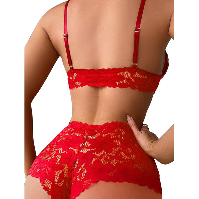 Сексуальний комплект нижньої білизни Lilosy з високою талією та V-подібним вирізом, блакитне мереживо, бюстгальтер та труси, 2-частинний, колір: світло-червоний (M)