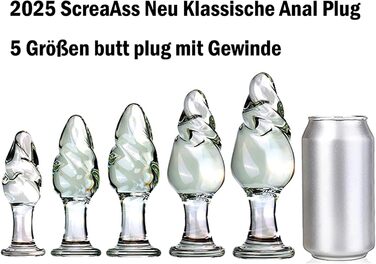 Скляний анальний плагін ScreaAss з спіраллю, набір 5 розмірів (31/35/40/50/60 мм), прозорий, для жінок та чоловіків