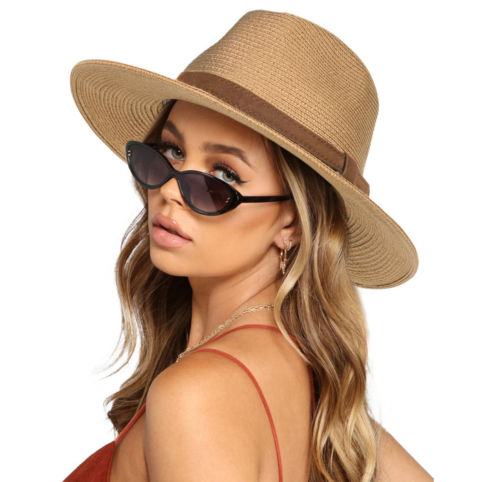 Солом'яний панама-капелюх FURTALK з широкими полями та захистом від UV для чоловіків та жінок, регульований літній пляжний капелюх (L-XL, хакі з поясом)