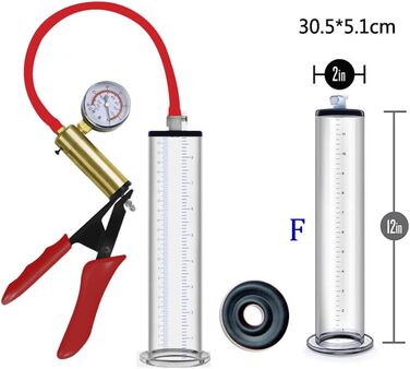 Вакуумний насос для збільшення статевого члена з металевими ручками та манометром, прозорий, для чоловіків, F-30,5 * 5,1 см