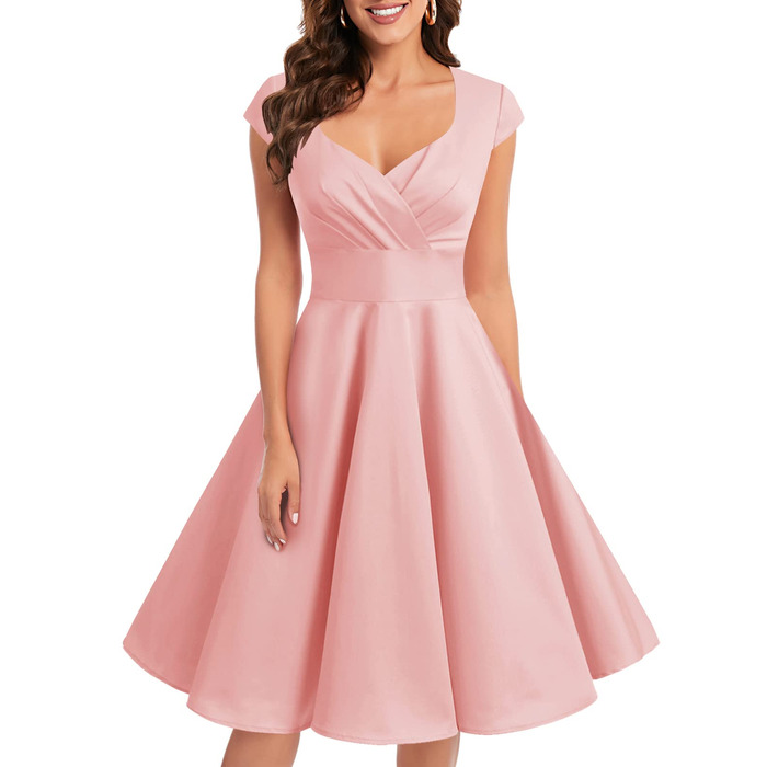 Сукня вінтаж Bbonlinedress 1950-х у стилі ретро, коктейльна Rockabilly з V-поглибленням, спідниця-кльош, вечірня, для вечірки, колір пудровий (M)