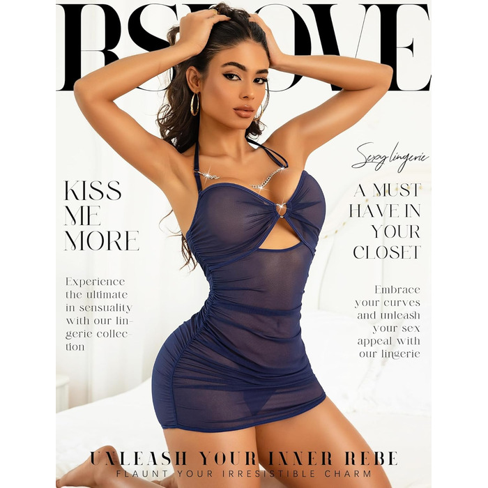 RLOVE Ніжна піжама-комбінезон для жінок - Babydoll, прозора мереживна білизна, нічне вбрання, чорний (L, Морська синя)