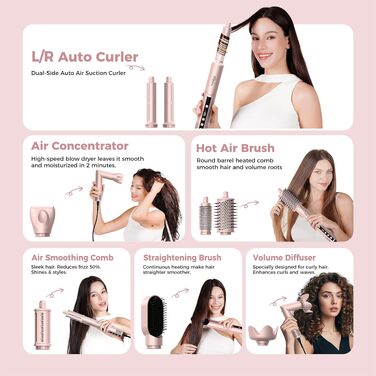 Набір стайлер для волосся 7 в 1 Atopskins Airstyler Pro: фен з дифузором, круглі щітки, випрямляч та плойка для beach waves, Creamrosa