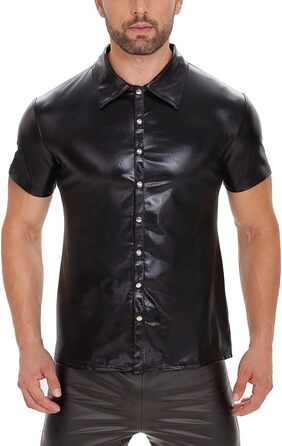 Чоловіча сорочка з лакованої шкіри Xokesy, коротка, чорна, з м'якої шкіри, з ревезом, для клубів, еластична, з кнопками