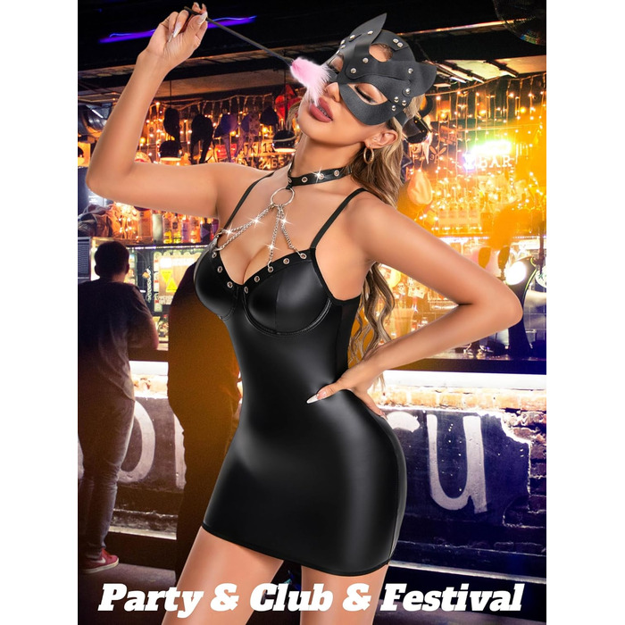 Жіноче шкіряне облягаюче міні-плаття Wetlook з металевим чокером, без рукавів, для клубу, вечірки, Хелловін, Rave, Cocktail Outfits (Чорний, L)