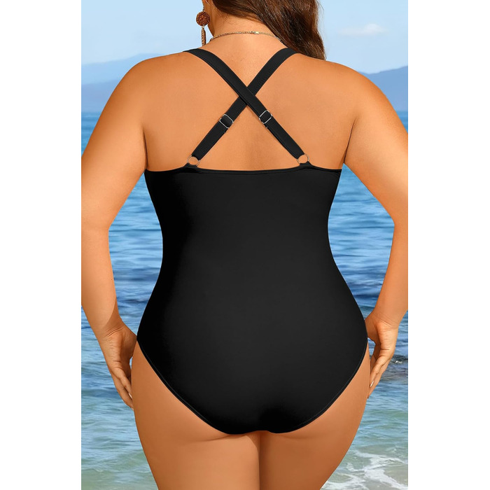 Купальник суцільний жіночий Yonique Plus Size, корейка з шнурівкою, V-подібний виріз, слімінг ефект, чорний