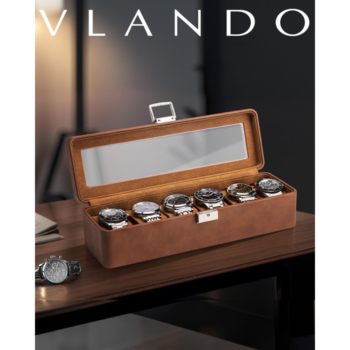Бокс для годинників VLANDO на 6 шт, коричневий — шкіряний футляр для зберігання годинників зі скляною кришкою та замком
