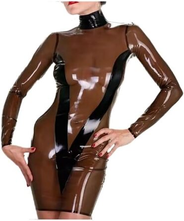Латексний комбінезон з довгим рукавом, чорний, з чорною обшивкою, міні спідниця, високий комір, блискавка ззаду, XXL