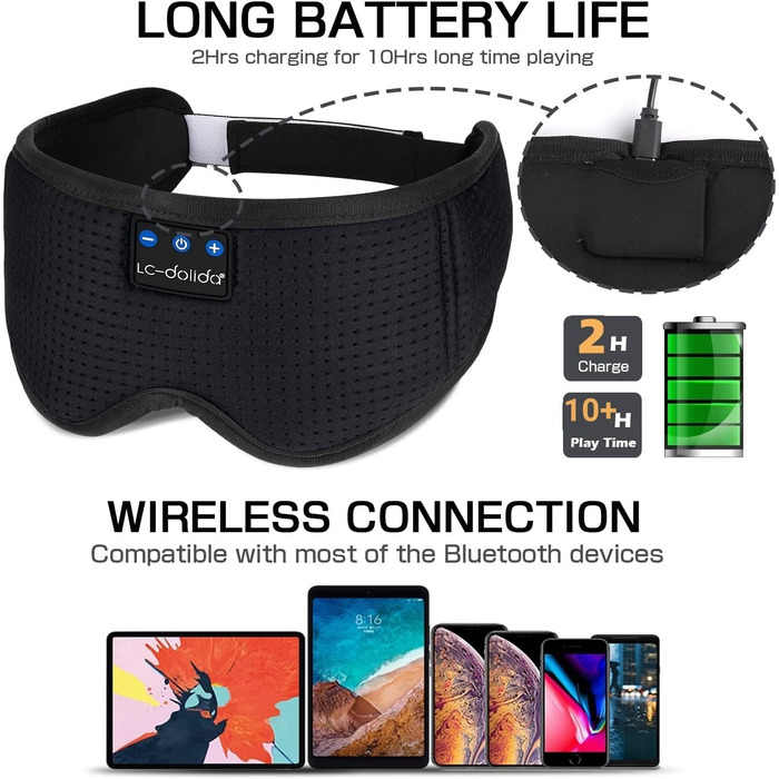 Маска для сну з Bluetooth-навушниками LC-dolida V5.4, дихаюча бавовняна маска для очей з мікрофоном для подорожей, йоги та медитації, HiFi-звук, 15 годин роботи (матовий чорний)