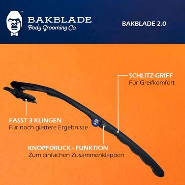 Тример для спини та тіла BaKblade 2.0 для чоловіків, електрична бритва для гладкого гоління спини, чорна, 2 змінні леза в комплекті