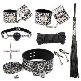 Набір для БДСМ з шкіри Leopard Print (8 предметів): наручники, плети, мотузки, нашийник, кліпси для сосків
