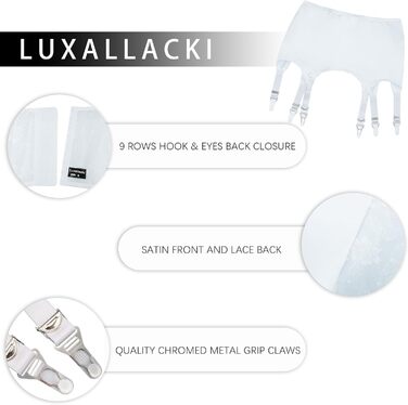 Вінтажний пояс Luxallacki з 6 ремінцями, металевою застібкою, гладким атласом та квітковою мереживом, елегантний британський пояс для панчіх (Білий, 46)