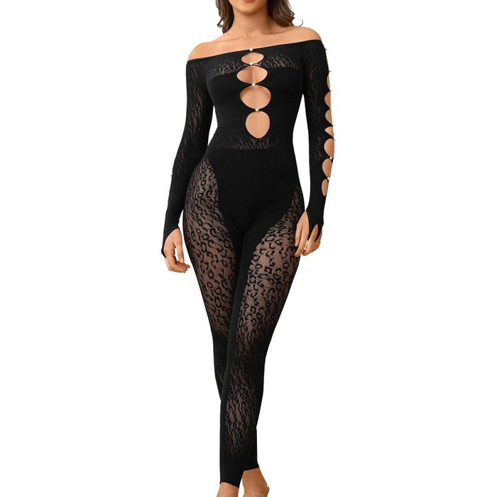 Жіночий комбінезон MD FootThera з довгими рукавами, обтислий, мереживний, прозорий, чорний