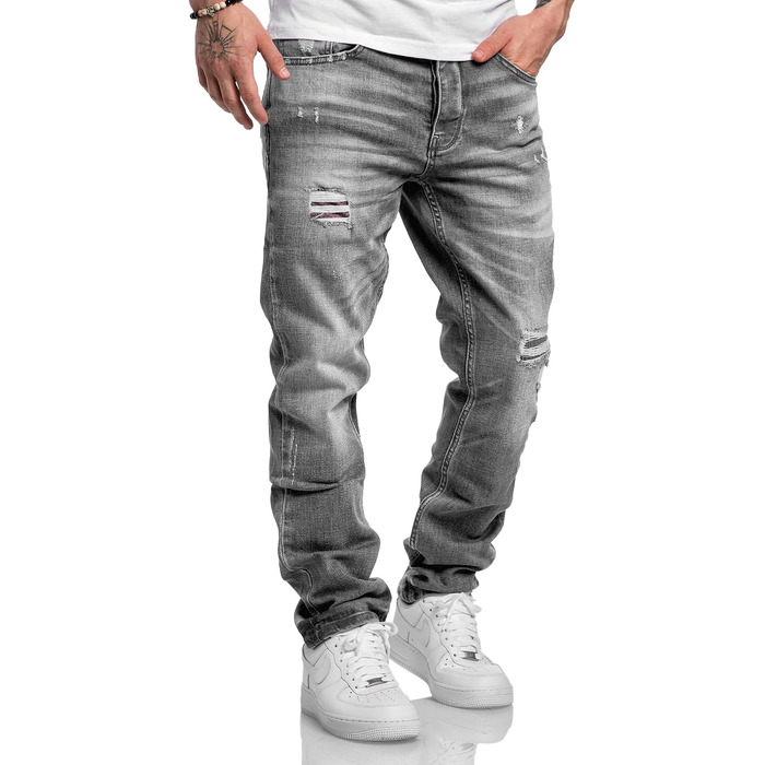 Чоловічі джинси Amaci&Sons Regular Straight Fit з ефектом Destroyed, сірі (Patches), розмір 38W/32L