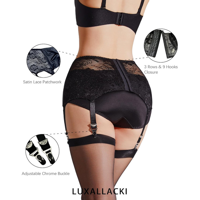 Чорний британський поясок на шнурках Luxallacki з 6 ремінцями, квітковою мереживом та металевими застібками, розмір 42