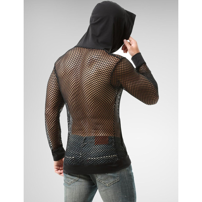 Чоловіча сітчаста сорочка AIEOE: дихаюча, з довгим рукавом, мереживна, сексуальна клубна сорочка, прозора сітчаста сорочка, чорна