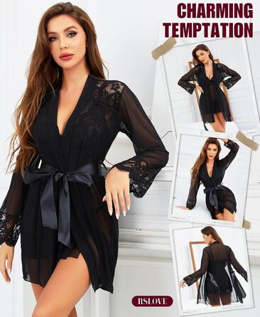 Комплект ніжної нічної сукні та халату RLOVE для жінок (M, чорний)