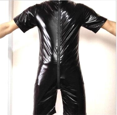 Комбінезон латексний чоловічий, чорний, з блиском, напіврукав, на блискавці, catsuit, Wetlook, для клубу