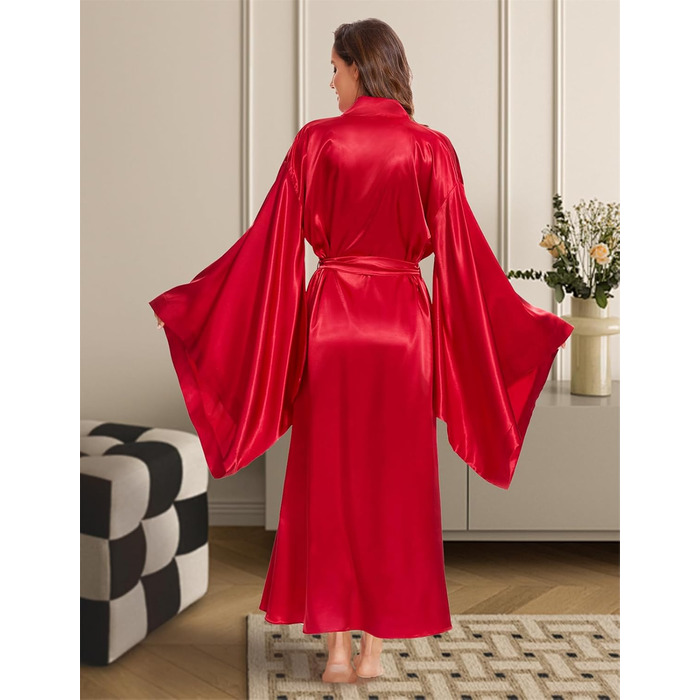 Кимоно жіноче шовкове для вечірки, весілля, нічної сорочки, халат з атласу, великі розміри (червоний, M)