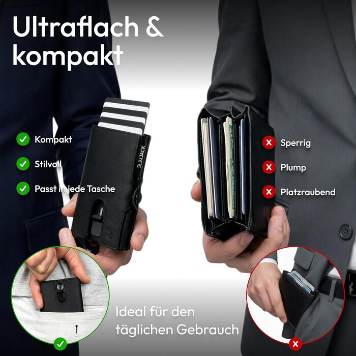 Чоловічий смарт-гаманець SLIMJACK з відділенням для монет та RFID-захистом, шкіряний тримач для кредитних карток з алюмінієвим корпусом, чорний