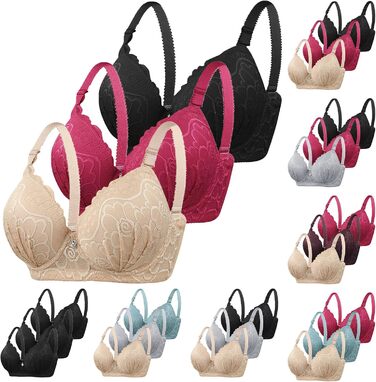 3 шт. бюстгальтерів CXCX для жінок з пуш-ап, кісточками, мереживом, регульованими бретелями, підтримка великих грудей, класичний комплект бюстгальтерів, зручна білизна, чорний, 105C