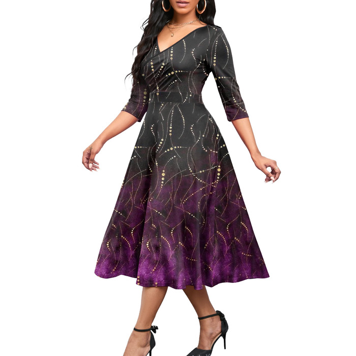 Сукня Noder Daenkleid вільного крою з запахом, чорна геометрична, A-силует, 3/4 рукав, для вечірки, коктейлю, весілля (XXL)