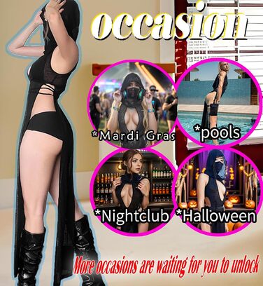 Жіноче прозоре готичне плаття Aucute з капюшоном та без рукавів, чорне, для Хелловіну, фестивалів EDM/Rave