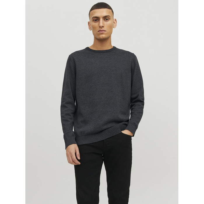 Чоловічий трикотажний джемпер Jack & Jones JJebasic Knit з круглим вирізом, темно-сірий меланж, розмір M