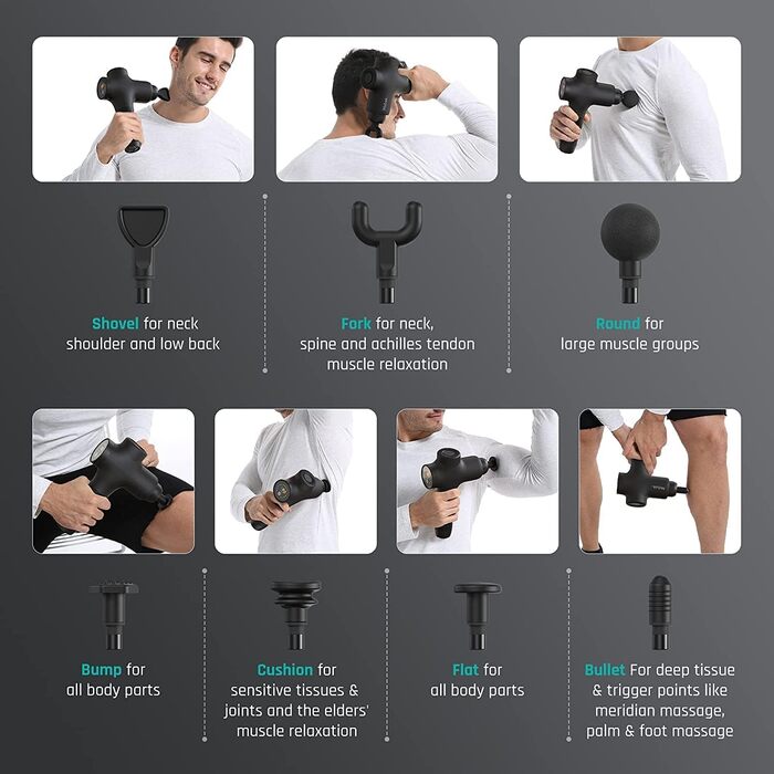 Перкусійний масажер Mebak 3 Massage Gun: електричний ручний масажер для м'язів та фасцій, 3200 об/хв, амплітуда 12 мм, 7 насадок, 5 рівнів інтенсивності, акумулятор 2600 мАг, чорний